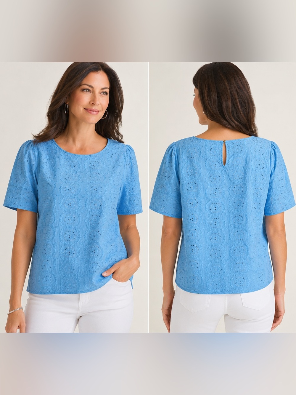 Liz Claiborne Eyelet Embroidered Blue Blouse XL 100% Cotton Short Sleeve NWT